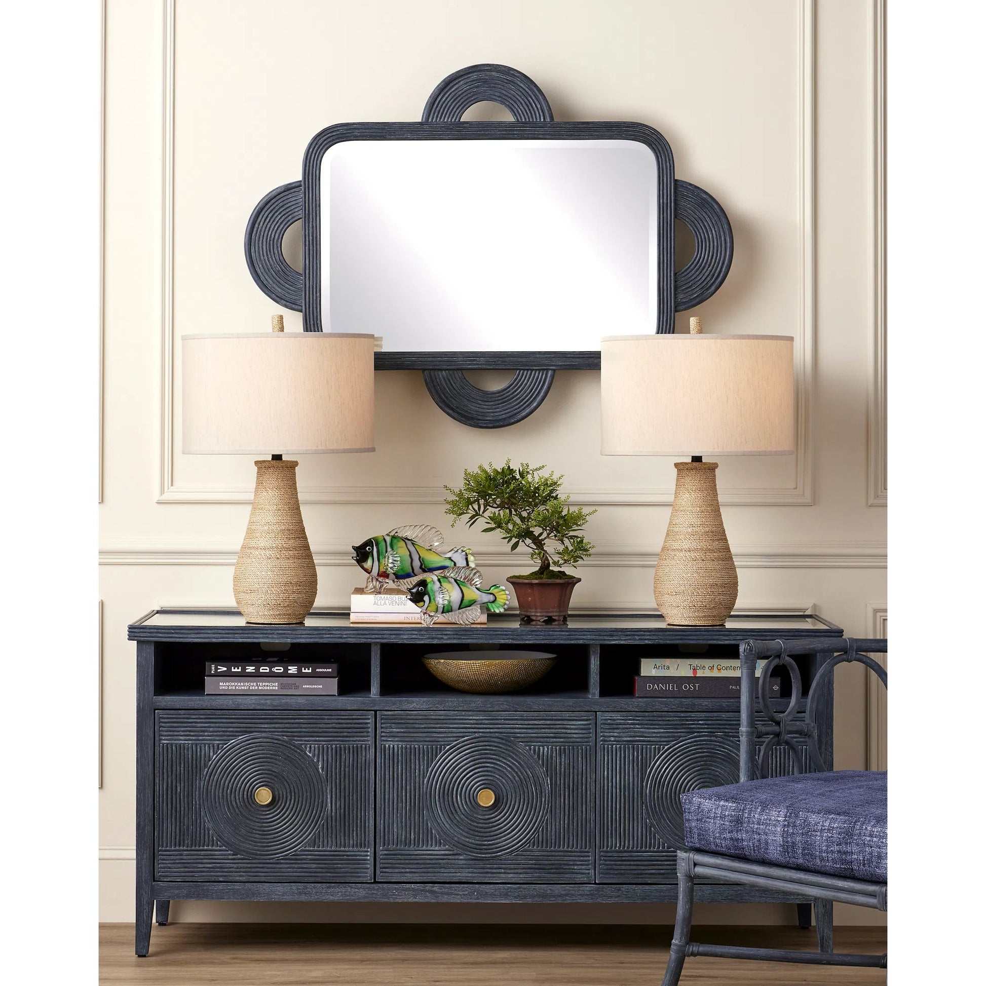 Santos Rectangular Mirror by Currey and Company in navy. Made from rattan, mahogany, glass in a modern style.