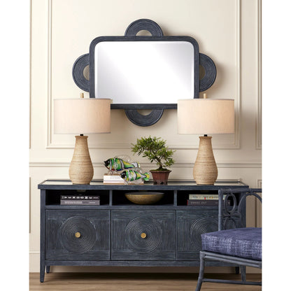 Santos Rectangular Mirror by Currey and Company in navy. Made from rattan, mahogany, glass in a modern style.