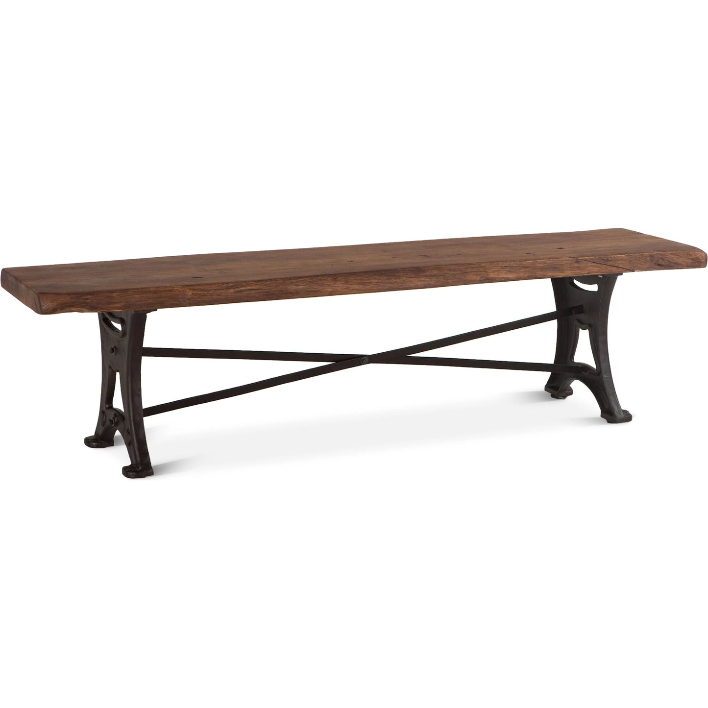 001 SI-2242764 | Primary Silo | Blayne 90" Live Edge Bench by World Interiors in brown and natural walnut, antique zinc. Made from acacia wood, cast iron in a traditional style.