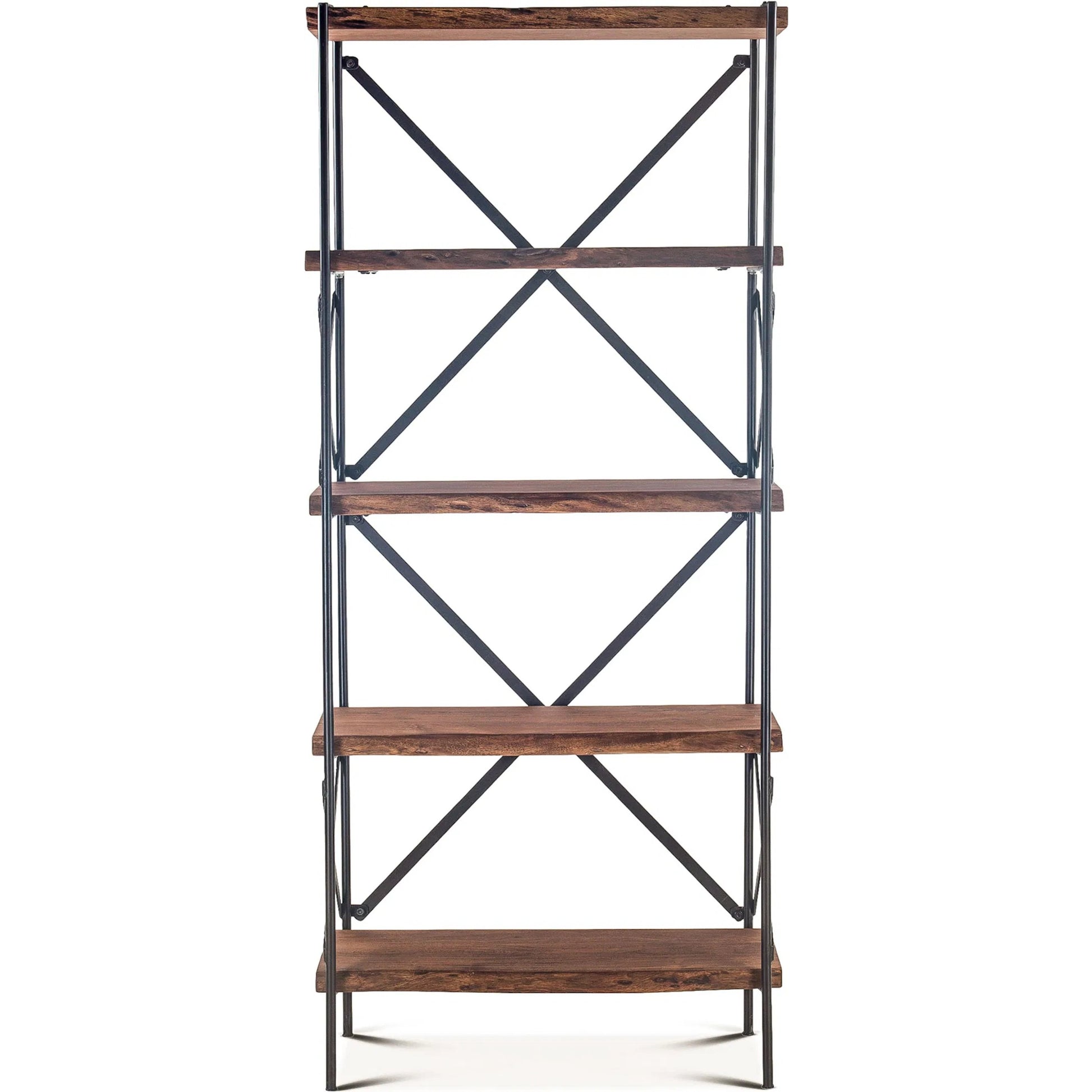 Blayne 78-Inch Live Edge Bookshelf by World Interiors in brown and raw walnut, antique zinc. Made from acacia wood, iron in a modern style.