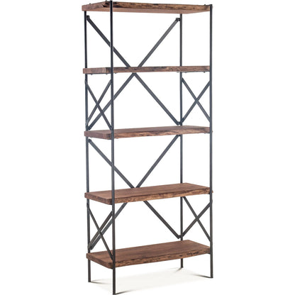 Blayne 78-Inch Live Edge Bookshelf by World Interiors in brown and raw walnut, antique zinc. Made from acacia wood, iron in a modern style.