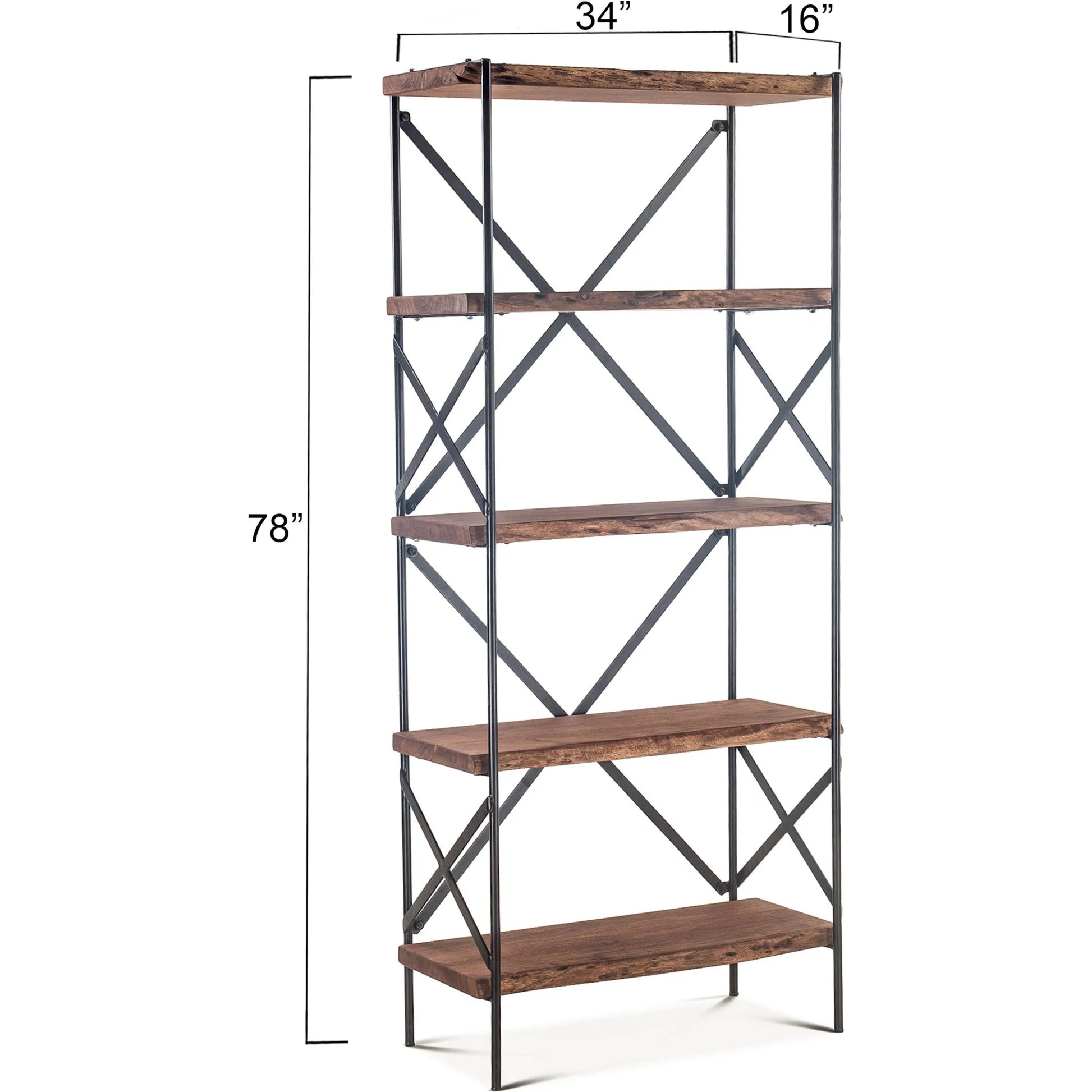 Blayne 78-Inch Live Edge Bookshelf by World Interiors in brown and raw walnut, antique zinc. Made from acacia wood, iron in a modern style.
