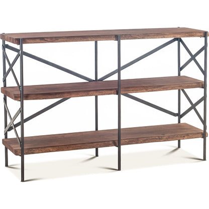 Blayne 56-Inch Live-Edge Bookshelf by World Interiors in brown and raw walnut, antique zinc. Made from acacia wood, iron in a modern style.