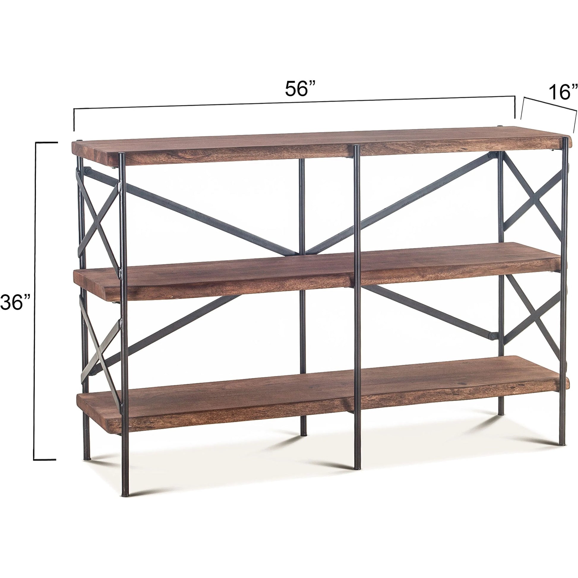 Blayne 56-Inch Live-Edge Bookshelf by World Interiors in brown and raw walnut, antique zinc. Made from acacia wood, iron in a modern style.