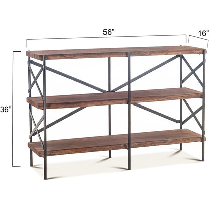 Blayne 56-Inch Live-Edge Bookshelf by World Interiors in brown and raw walnut, antique zinc. Made from acacia wood, iron in a modern style.
