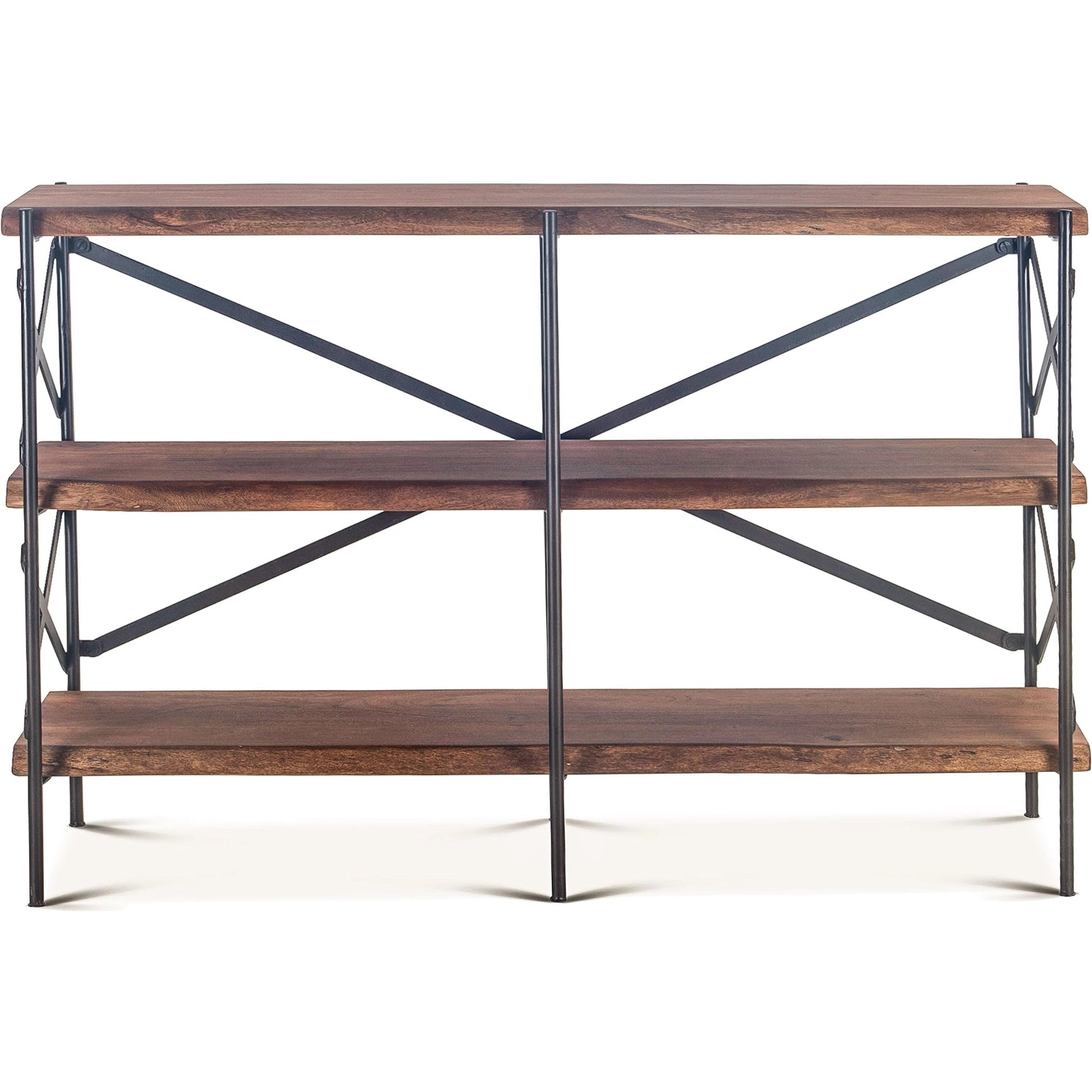 Blayne 56-Inch Live-Edge Bookshelf by World Interiors in brown and raw walnut, antique zinc. Made from acacia wood, iron in a modern style.