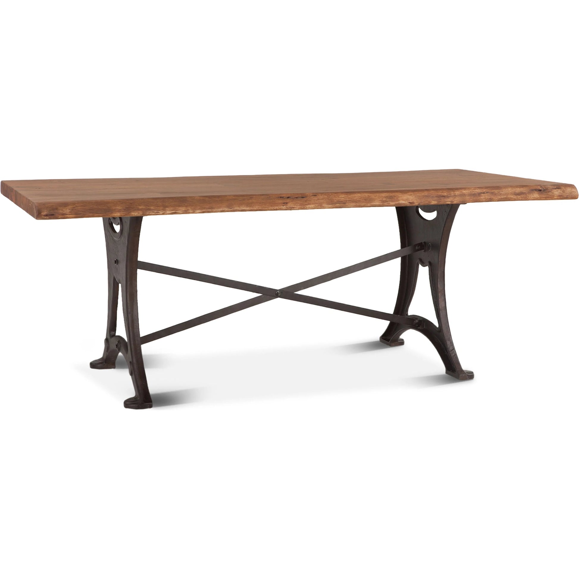 Blayne 94" Live-Edge Dining Table by World Interiors in brown and raw walnut, antique zinc. Made from acacia wood, cast iron in a modern style.