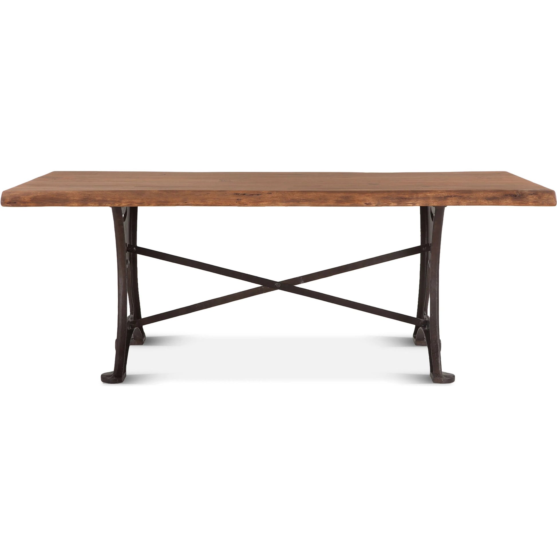 Blayne 106" Live-Edge Dining Table by World Interiors in brown and raw walnut, antique zinc. Made from acacia wood, cast iron in a modern style.