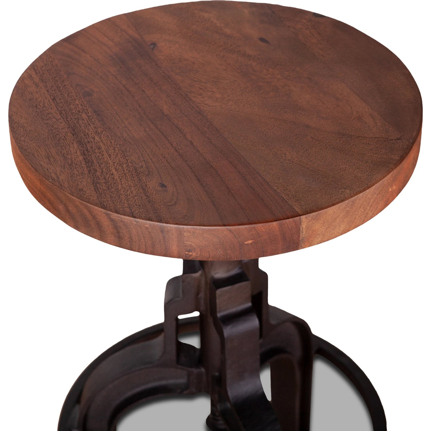 004 SI-2065515 | Closeup | Blayne Adjustable Height Stool by World Interiors in walnut, matte black and raw walnut, matte black. Made from acacia wood and iron in a modern style.