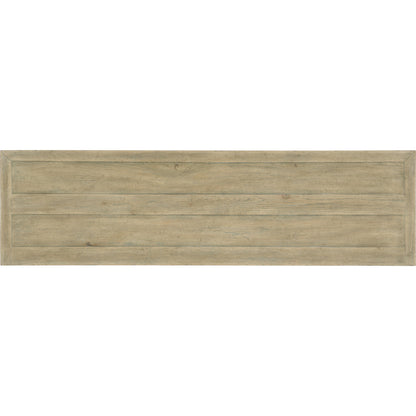 Surfrider Media Console by Hooker Furniture in driftwood. Made from pecan veneers, rattan, solid-wood edge top in a coastal style.