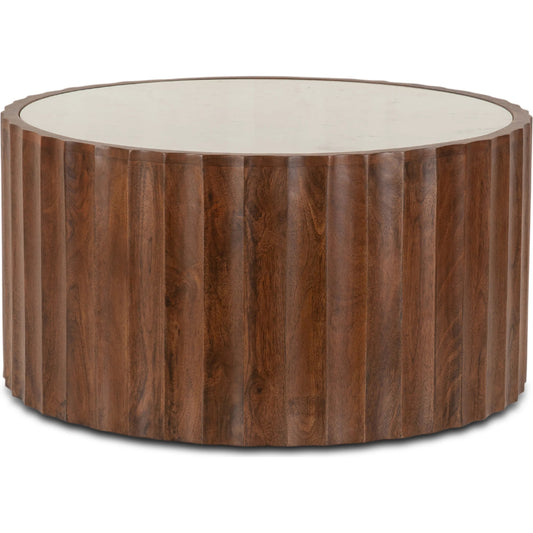 Lisbon Modern White Marble Coffee Table by World Interiors in neutrals and matte brown. Made from mango wood marble in a unique style.