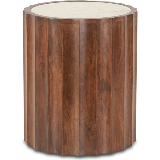 Lisbon Modern White Marble Side Table by World Interiors in brown and matte brown. Made from mango wood marble in a unique style.