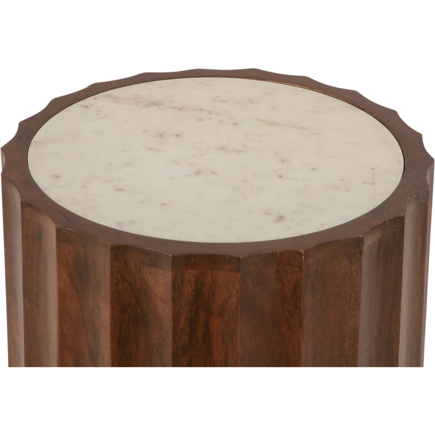 002 SI-2242923 | Closeup | Lisbon Modern White Marble Side Table by World Interiors in brown and matte brown. Made from mango wood marble in a transitional style.