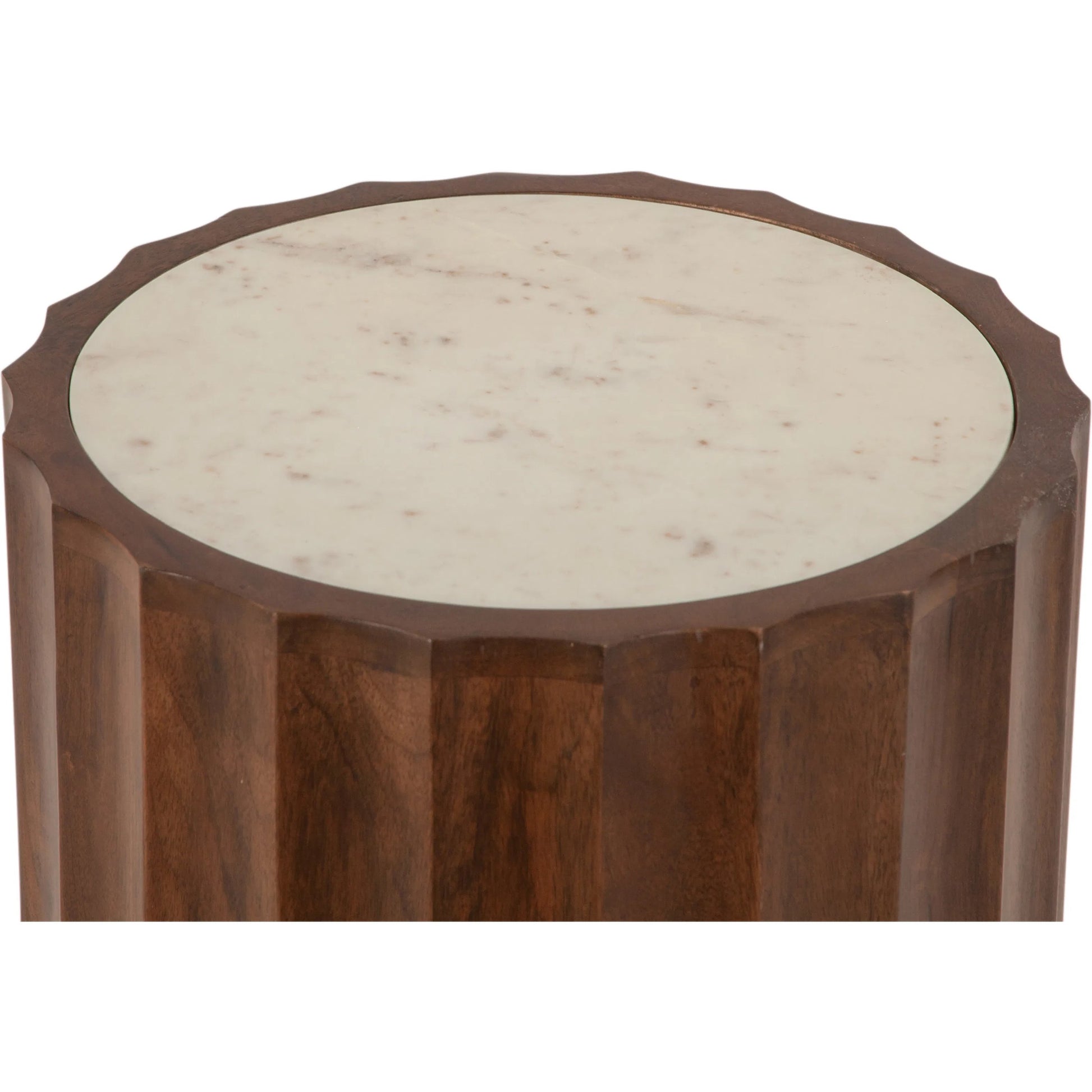 Lisbon Modern White Marble Side Table by World Interiors in brown and matte brown. Made from mango wood marble in a transitional style.