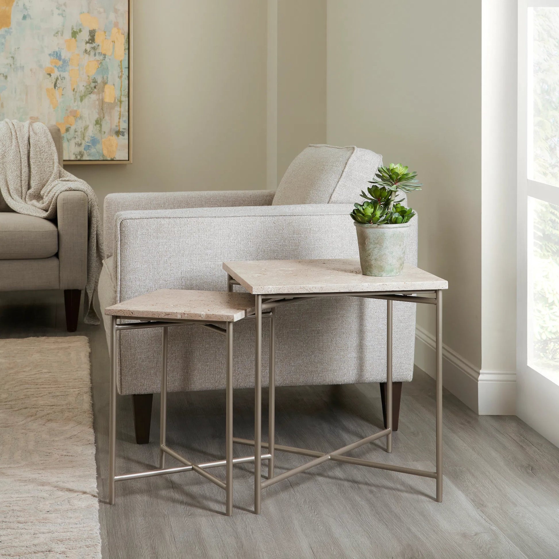 Large Stone Top Nesting Table by Pulaski Furniture in silver. Made from stone in a modern style.