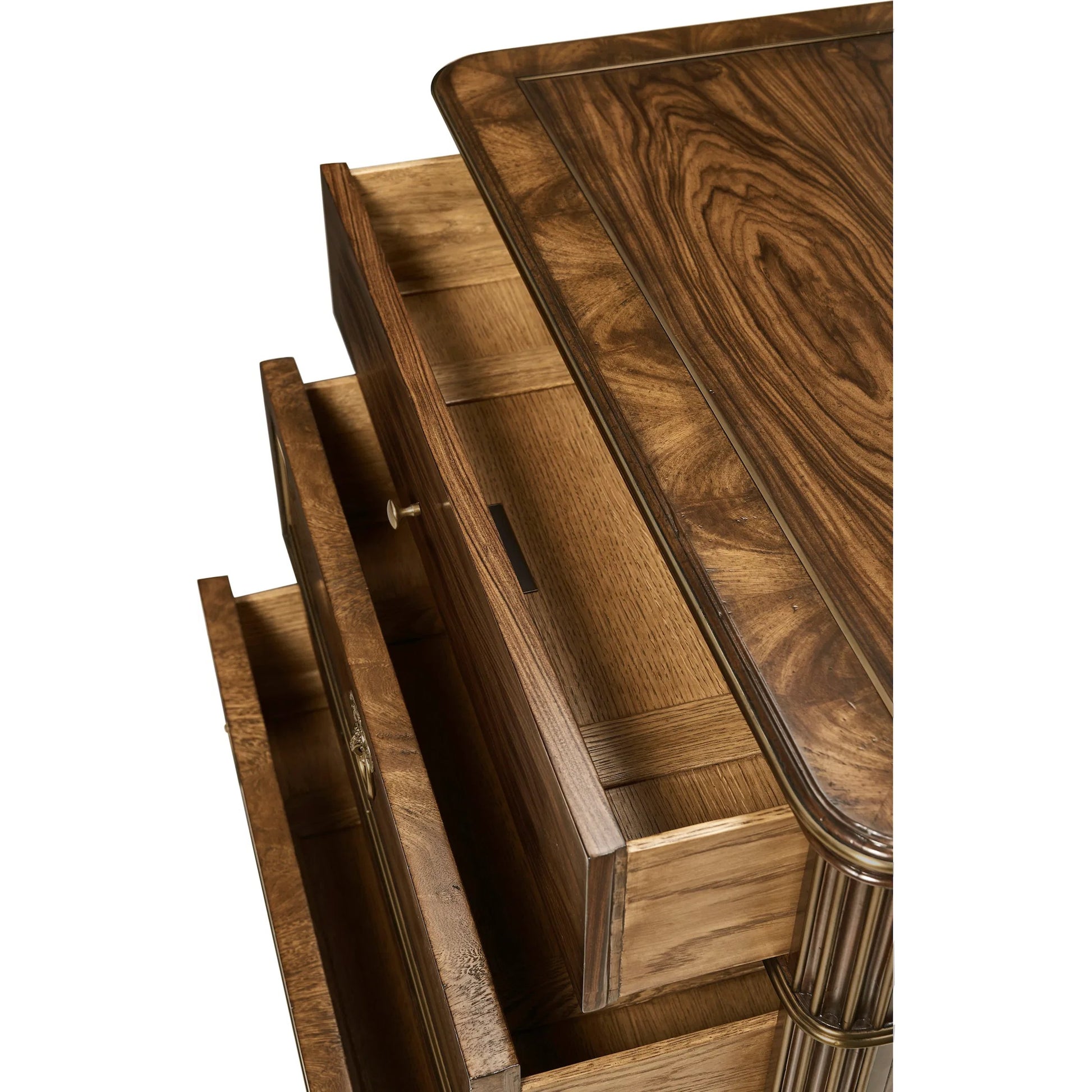 Viceroy Bedside Chest by Jonathan Charles in brown and santos brown, antique brass. Made from mahogany, cerejeira veneers, santos rosewood crown veneers, brass in a traditional style.