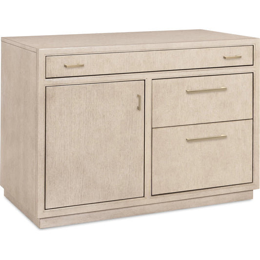 Marlowe Workstation by Hooker Furniture in light wood and polished limestone, quartered oak veneers. Made from white oak solids, white oak veneers in a unique style.