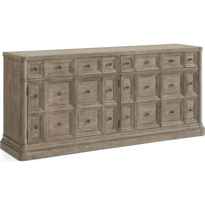 Reforma Credenza by A.R.T. Furniture in tapenade, gunmetal. Made from parawood solids, random match flaky oak veneers, metal in a traditional style.