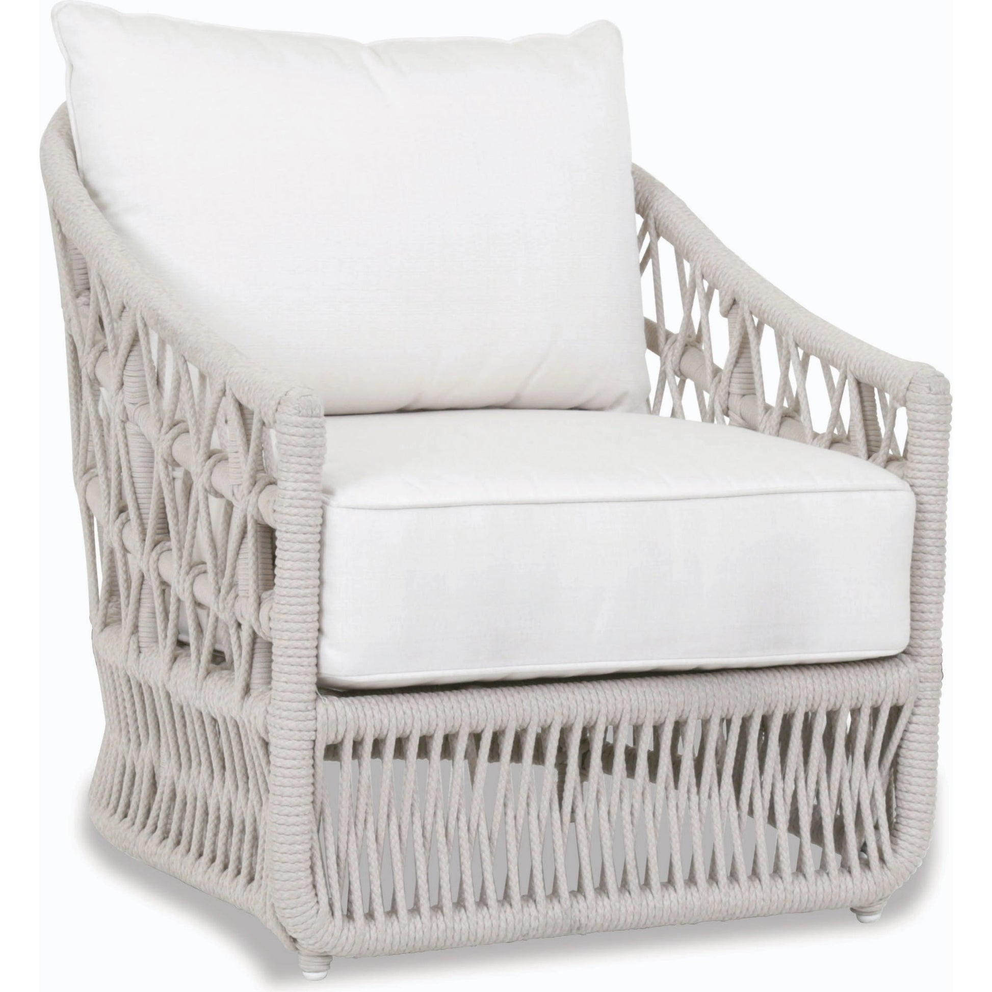 Dana Outdoor Rope Club Chair in Linen Canvas by Sunset West in whites/creams/beiges. Made from olefin rope in a coastal style.