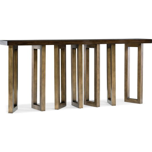 Connelly Hall Console by Hooker Furniture in cathedral black walnut, gold. Made from cathedral black walnut veneer, metal in a eclectic & global style.