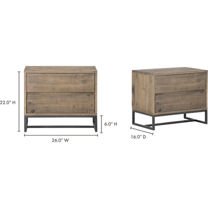 Elena Nightstand by Moe's Home Collection in light brown and nc lacquer (matt). Made from solid pine wood, metal base in a modern style.