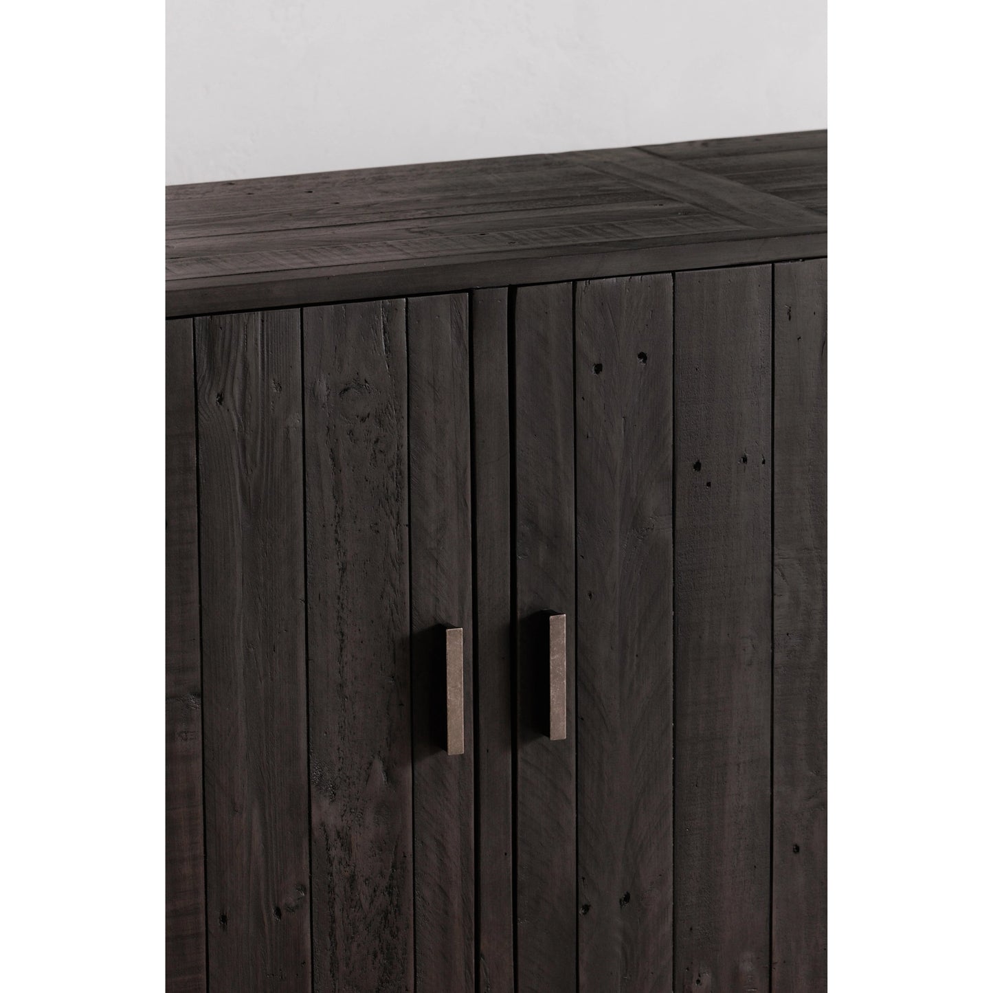 008 SI-1985440 | Closeup | Sierra Sideboard by Moe's Home Collection in black. Made from new pine frame with reclaimed pine face boards, stainless steel base in a modern style.