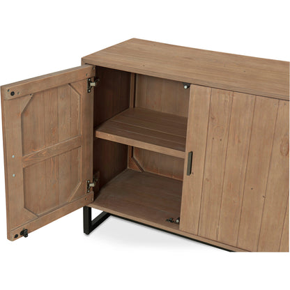 Sierra Sideboard Natural by Moe's Home Collection in sierra and semi-gloss lacquer, water-based stain. Made from new pine frame with reclaimed pine face boards, stainless steel base in a modern style.