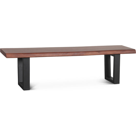 Yarrow Bench by World Interiors in brown, black and light seqouia. Made from acacia wood, iron in a unique style.