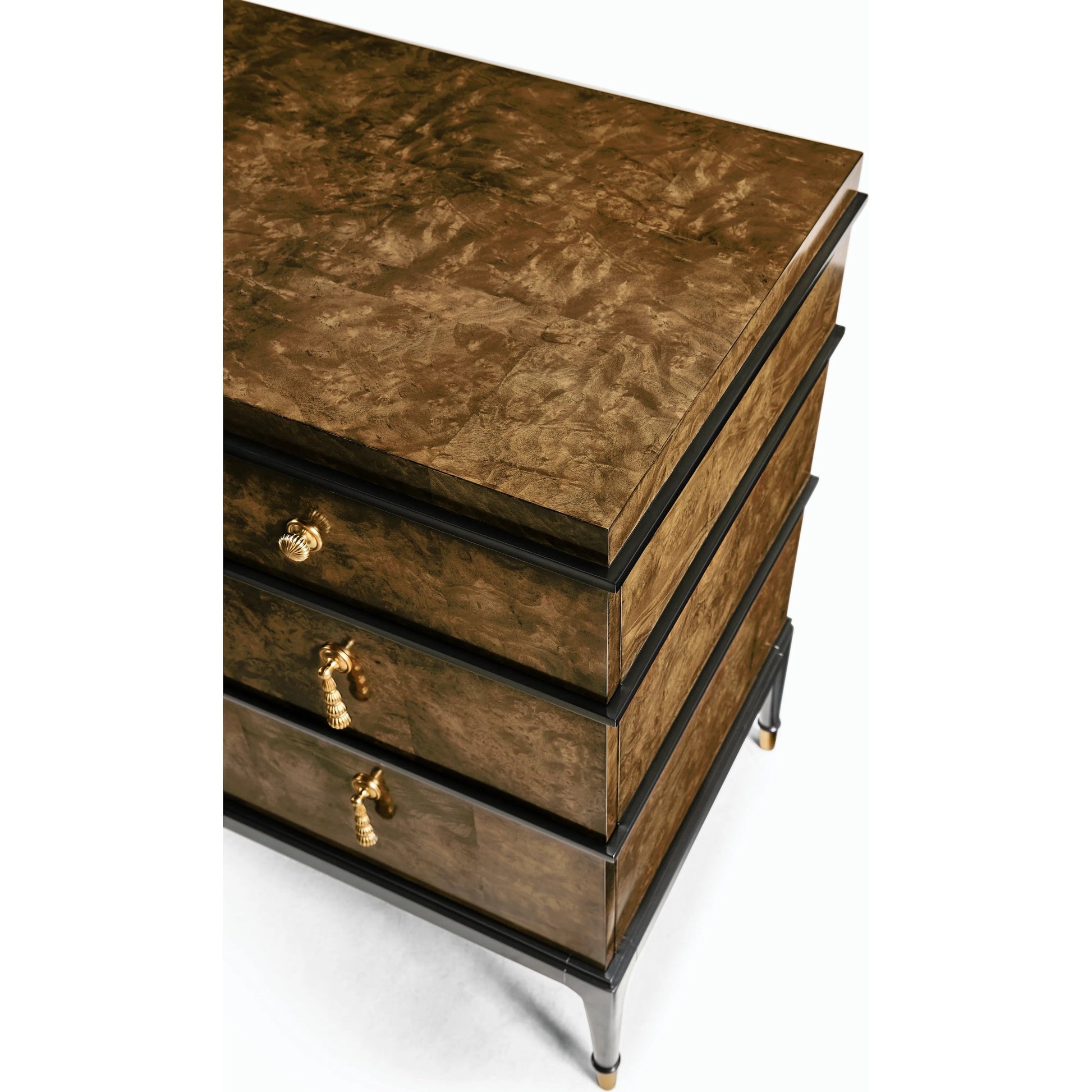 Jacques Bachelors Chest, Brown by Jonathan Charles. Made from solid beech wood, myrtle burl veneers, brass in a modern style.