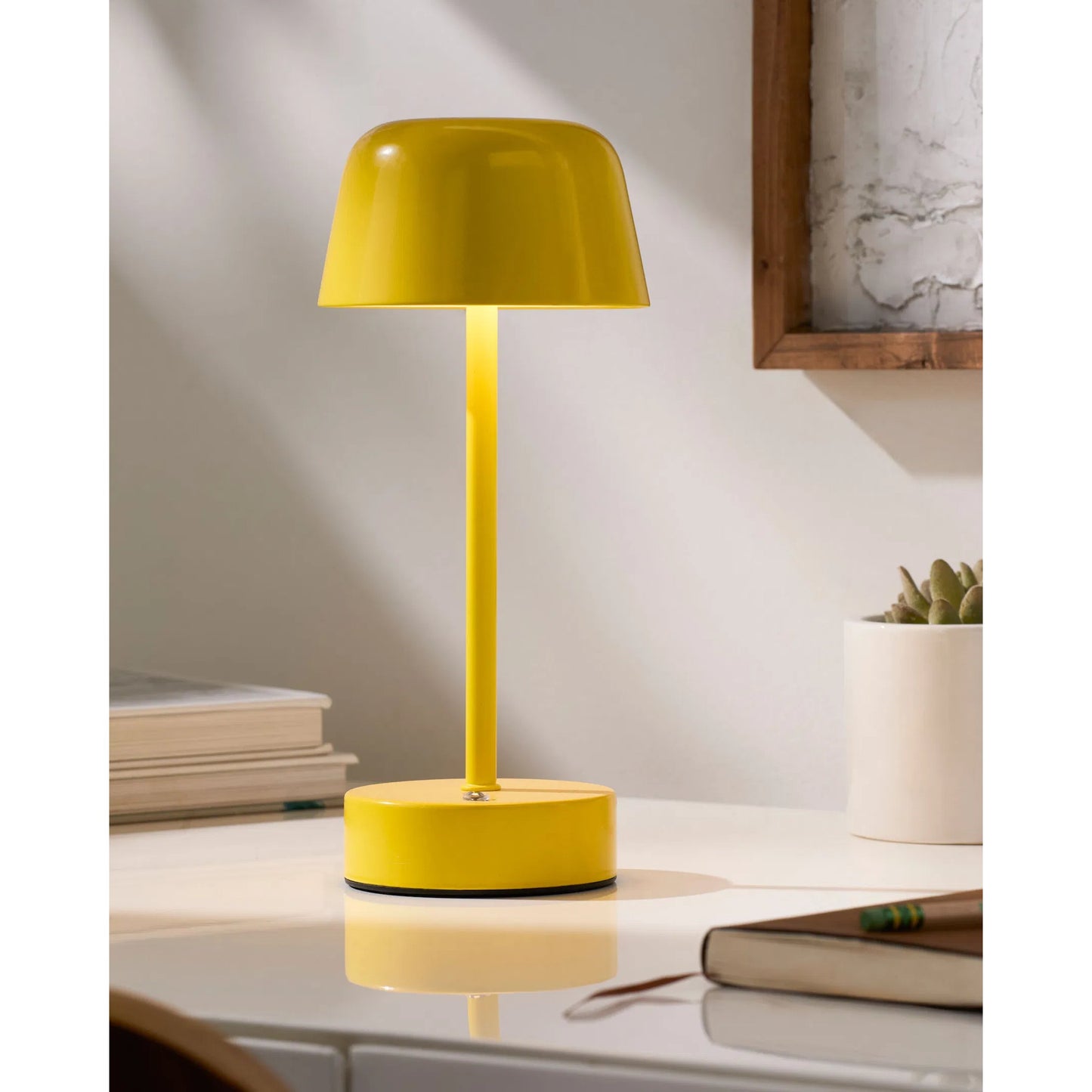 002 SI-2244625 | Lifestyle | Toricella Yellow Accent Table Lamp by Livabliss in body: bright yellow; base: bright yellow and hand paintedhand painted. Made from iron in a eclectic & global style.