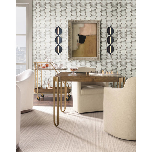 Commerce and Market Walnut and Dine Dining Table by Hooker Furniture in medium wood and light caramel, walnut veneers, sunlit bronze. Made from walnut figured veneers, stainless steel tube in a unique style.