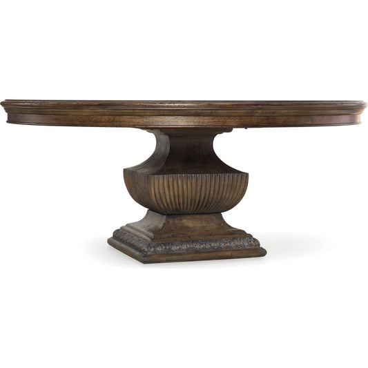 Rhapsody Dining Table by Hooker Furniture in rustic walnut. Made from pecan, hickory, ash, black walnut, maple veneers with resin in a traditional style.