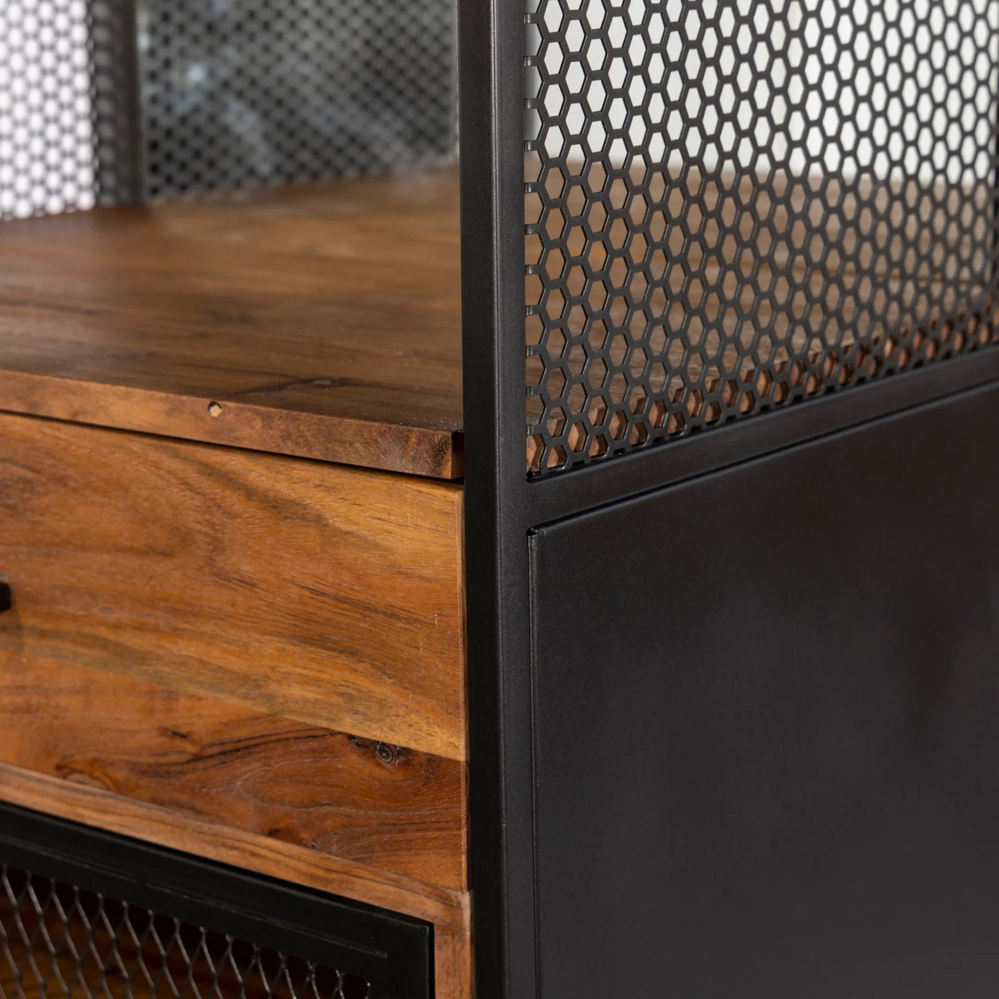 Mescalero Bar Cabinet by World Interiors in black and powder coated black. Made from mango wood reclaimed iron in a modern style.