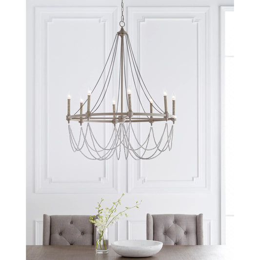 Beverly Chandelier by Generation Lighting in french washed oak, distressed white wood. Made from steel in a transitional style.