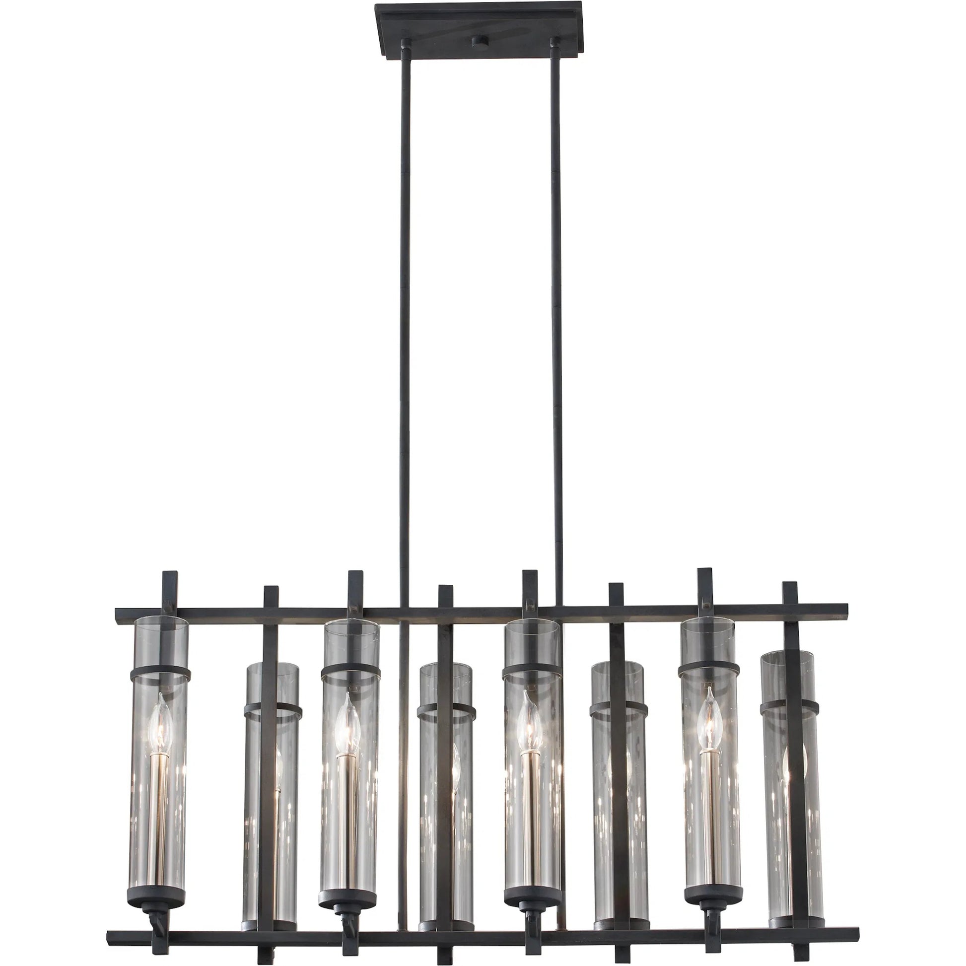 Ethan Island Chandelier by Generation Lighting in antique forged iron, brushed steel. Made from steel in a modern style.
