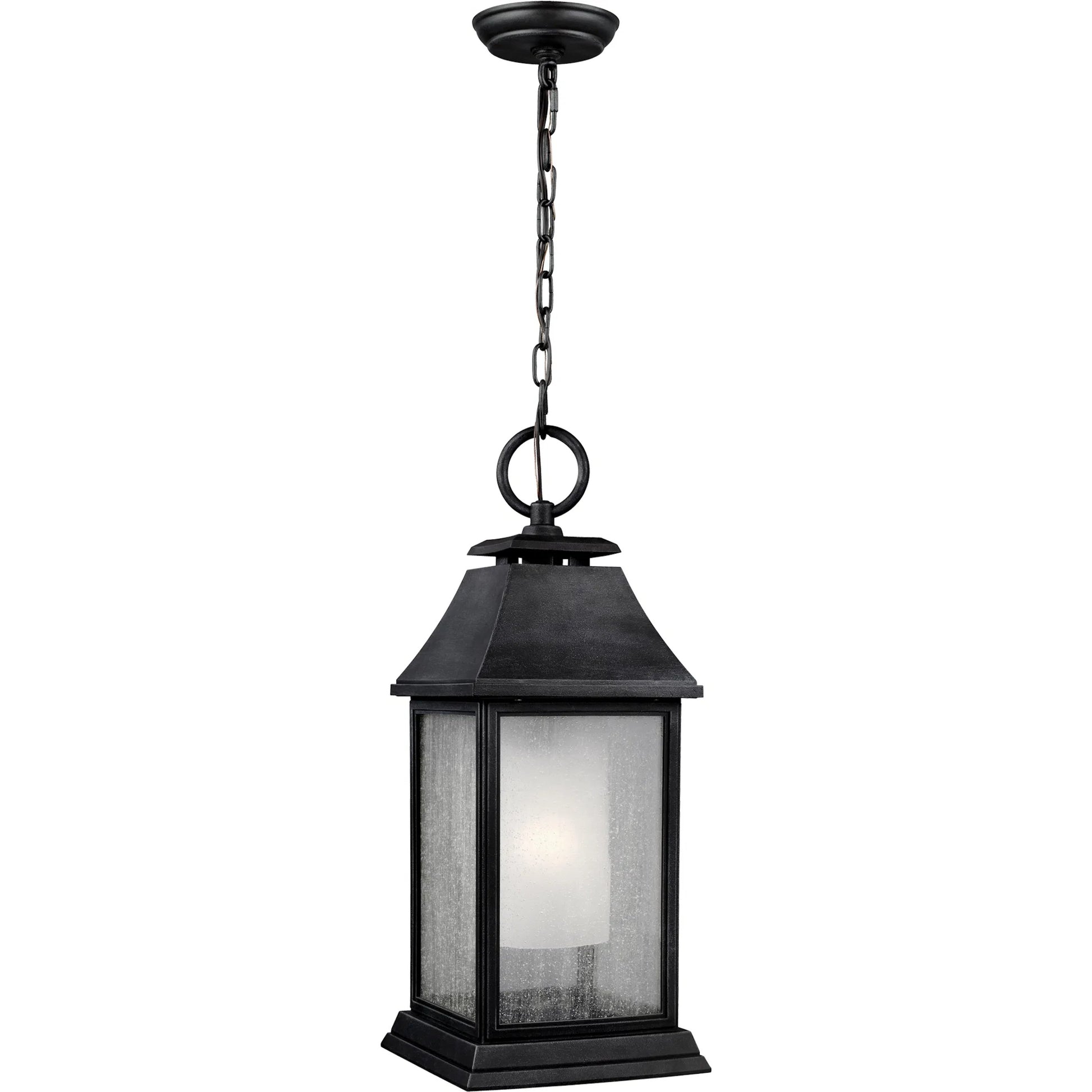 Shepherd Outdoor Pendant by Generation Lighting in dark weathered zinc. Made from stonestrong in a traditional style.