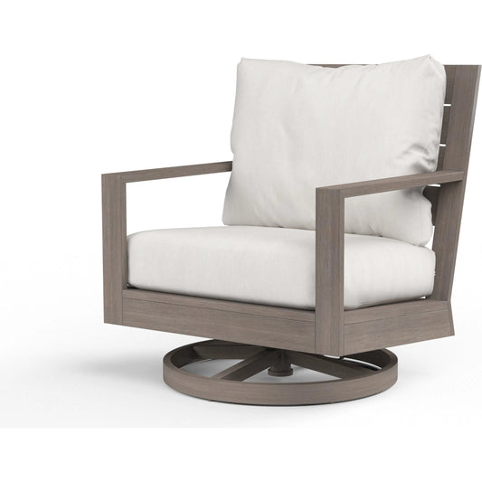 Laguna Outdoor Swivel Chair by Sunset West in driftwood. Made from aluminum in a modern style.