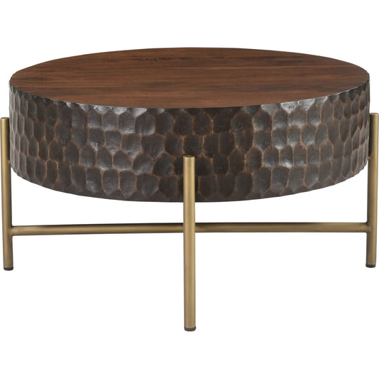 Vallarta 34" Carved Coffee Table by World Interiors in brown and two toned, brass. Made from mango wood aluminum in a unique style.