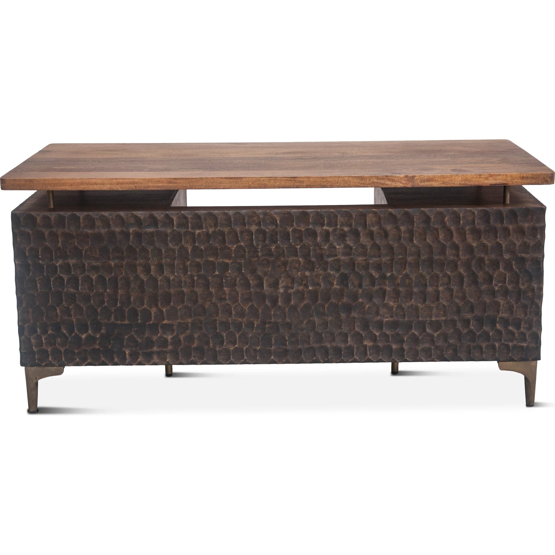 Vallarta Desk by World Interiors in brown and two tone, bronze. Made from mango wood, cast aluminum in a modern style.