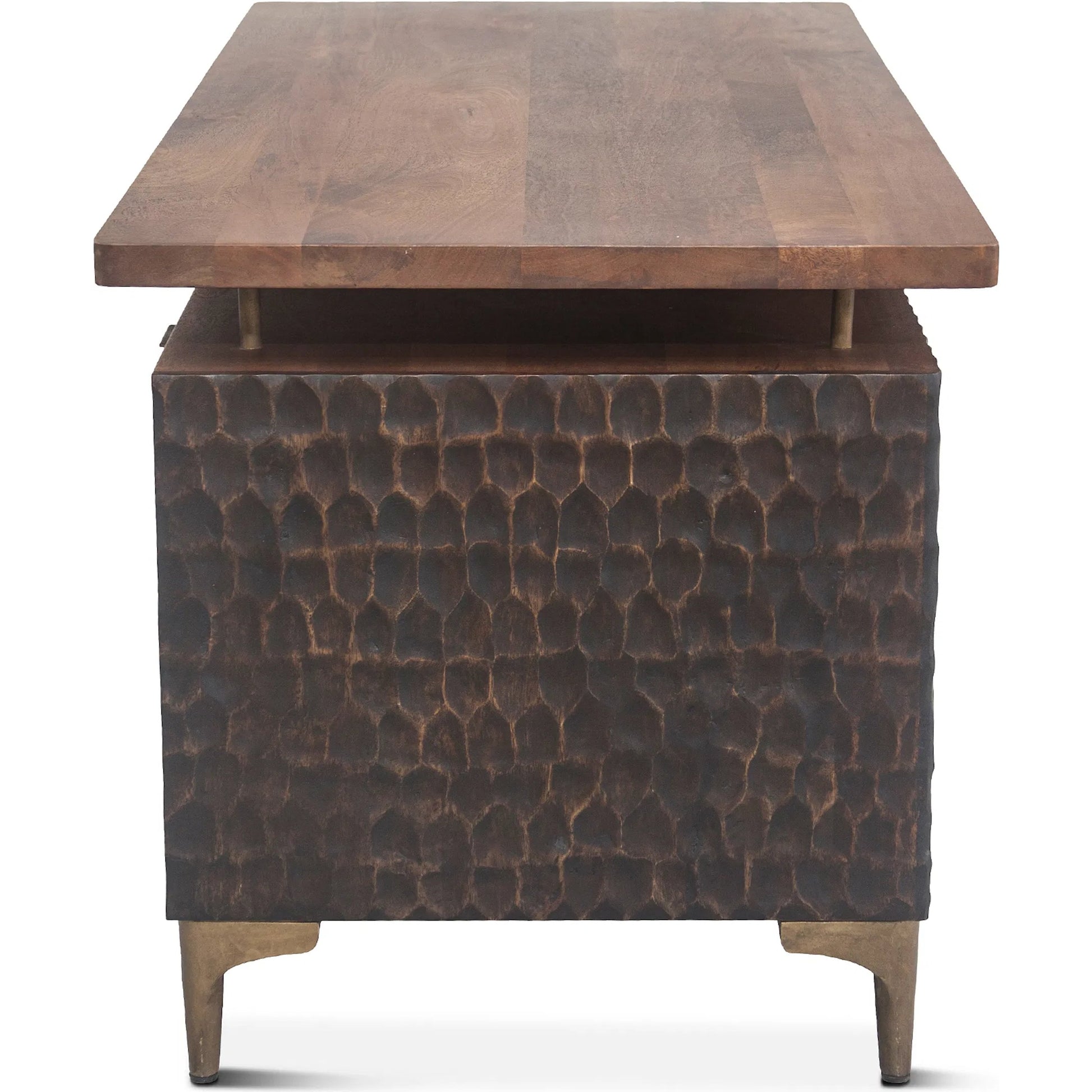 Vallarta Desk by World Interiors in brown and two tone, bronze. Made from mango wood, cast aluminum in a modern style.