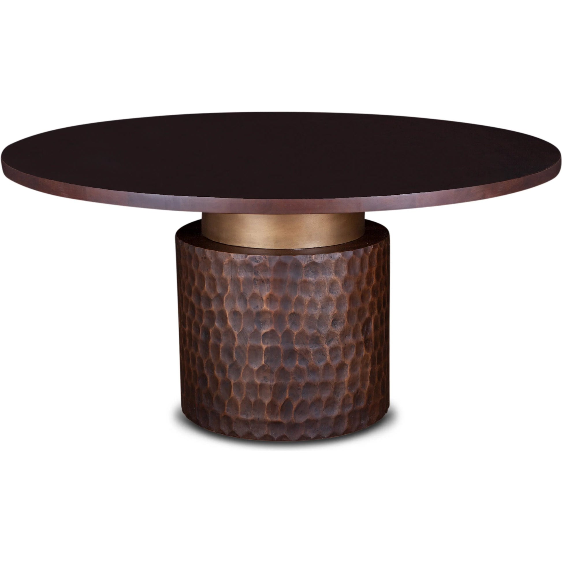 Vallarta Carved Wood Round Dining Table by World Interiors in bronze, gold and two toned bronze. Made from mango wood, cast aluminum in a eclectic & global style.