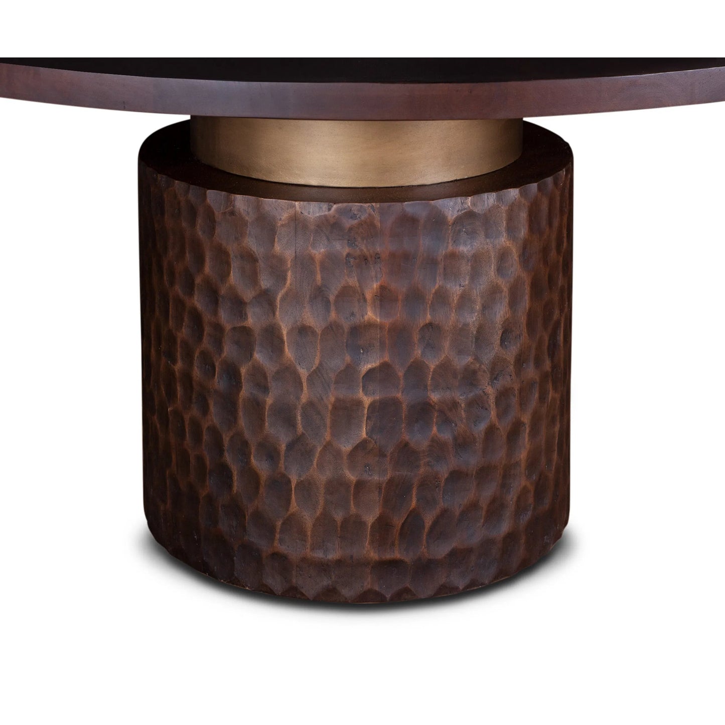 003 SI-1750393 | Additional Silo | Vallarta Carved Wood Round Dining Table by World Interiors in bronze, gold and two toned bronze. Made from mango wood, cast aluminum in a eclectic & global style.