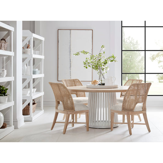 Post Round Dining Table by A.R.T. Furniture in chestnut, accent white. Made from ash, solid pine, plank-effect flakey oak, birch veneer in a modern style.