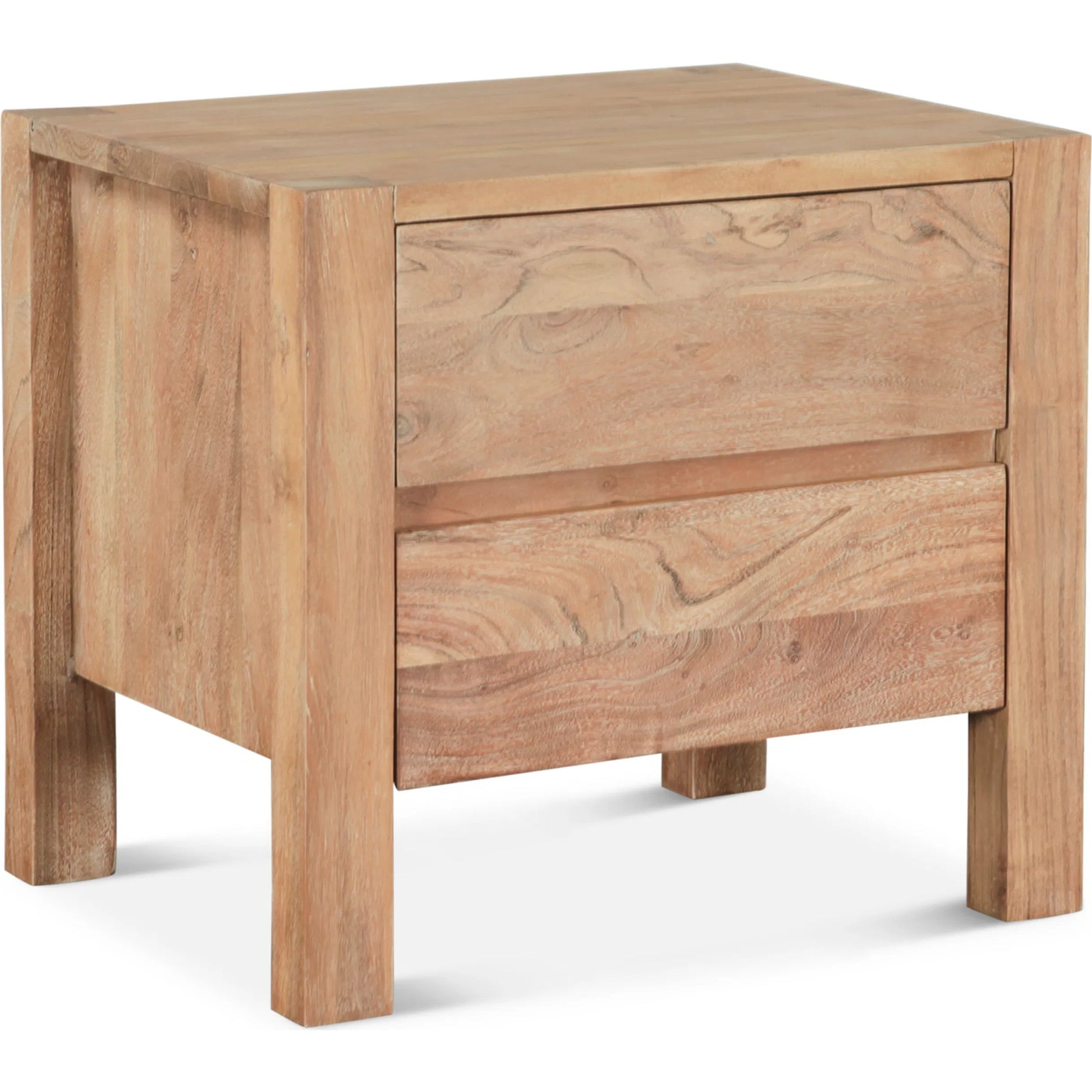 Mesa Nightstand by World Interiors in tan and brushed acacia. Made from acacia wood in a transitional style.