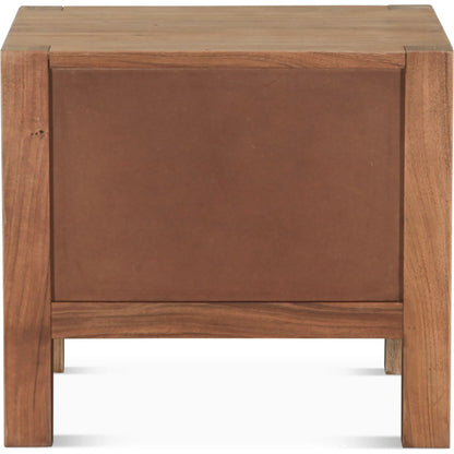 Mesa Nightstand by World Interiors in tan and brushed acacia. Made from acacia wood in a transitional style.