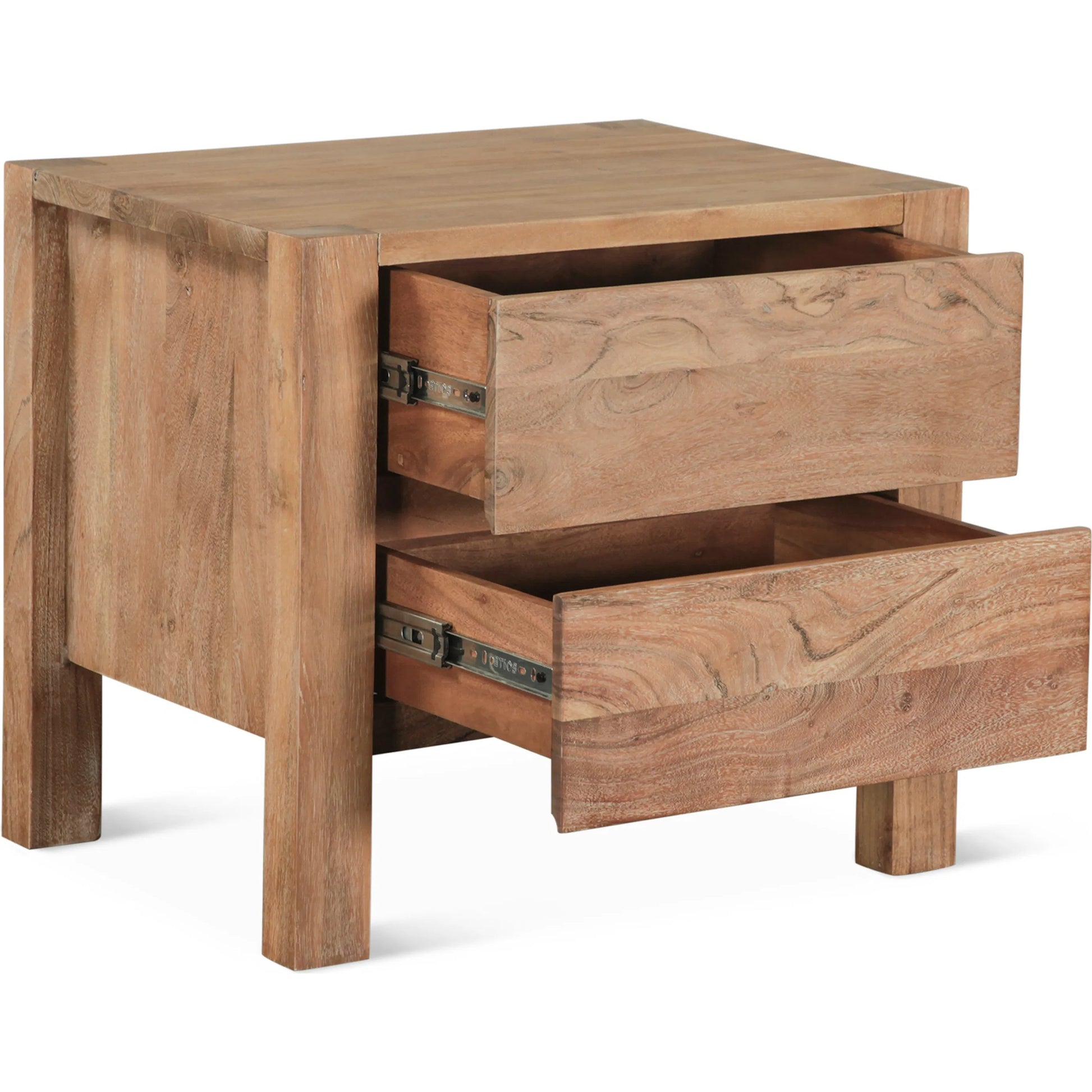 Mesa Nightstand by World Interiors in tan and brushed acacia. Made from acacia wood in a transitional style.