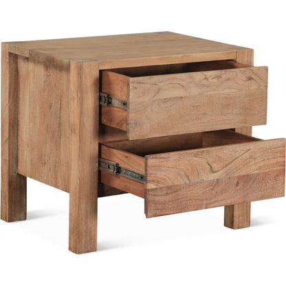Mesa Nightstand by World Interiors in tan and brushed acacia. Made from acacia wood in a transitional style.