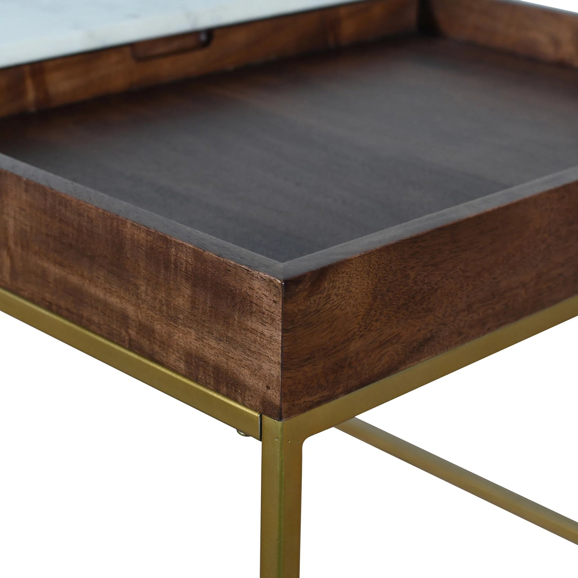 Aurora Coffee Table by World Interiors in walnut. Made from wood, iron, marble in a modern style.