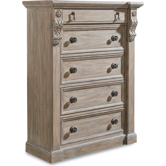 Arch Salvage Jackson Drawer Chest by A.R.T. Furniture in brown and parch. Made from parrawood solids, cathedral elm veneers in a traditional style.