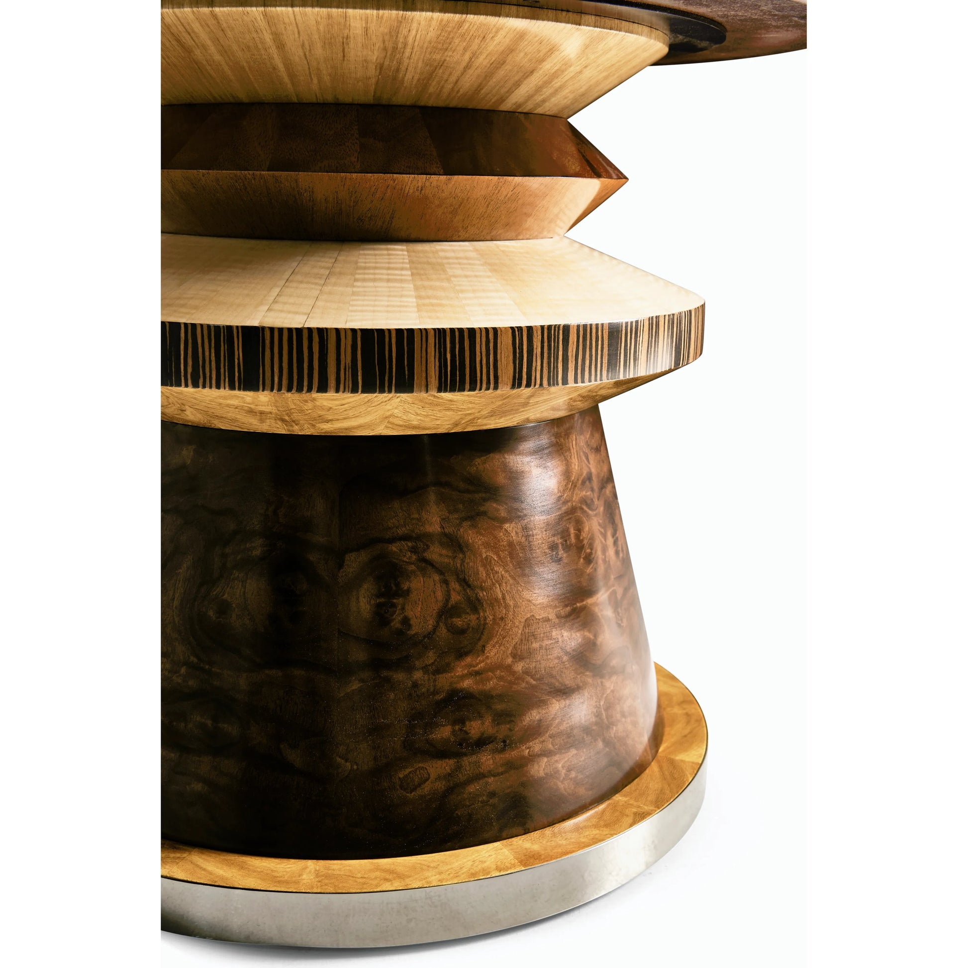 Rook Round Cocktail Table by Jonathan Charles in brown and mingle mangle, carrera marble. Made from marble, stainless steel, veneers: walnut burl, cerajeira, ebony, maple, chestnut, eucalyptus in a modern style.